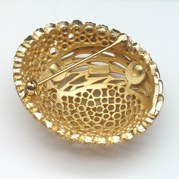 Vintage Crown Trifari Gold-Tone Leaf Motif Oval Brooch Pin Mod Retro Openwork De - Picture 3 of 8